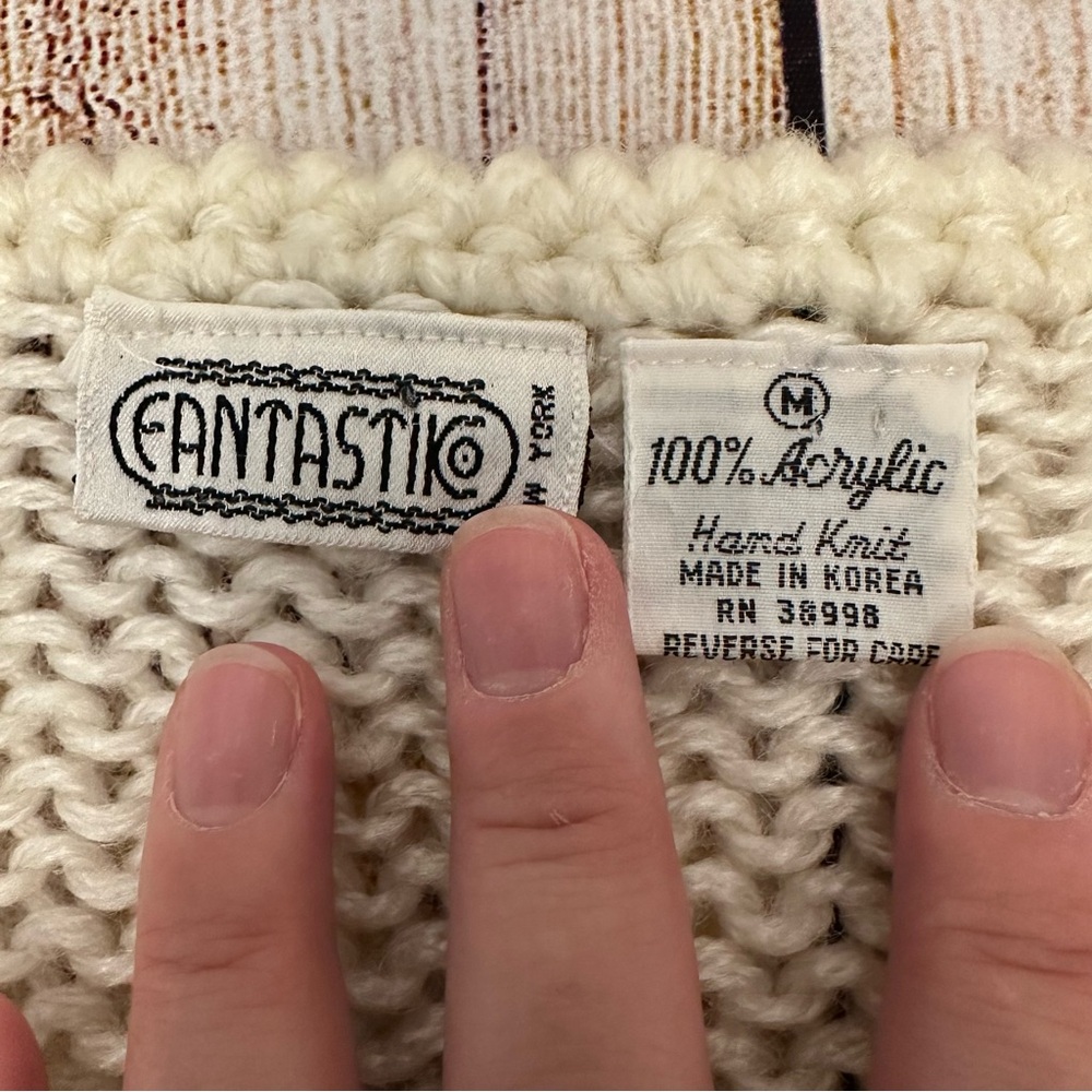Vintage Cream Brown Sweater Medium 70s Western Country Chunky Hand Knit Cozy - Picture 2 of 5